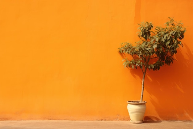 Цитрусовое дерево в горшке у оранжевой стены