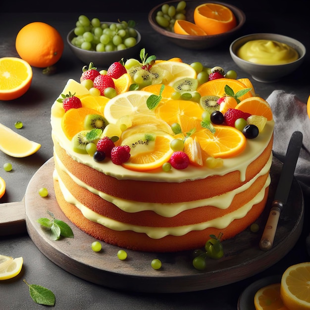 Бисквитный торт «Цитрусовый Виктория» с лимонным курдом и разнообразными свежими цитрусовыми.