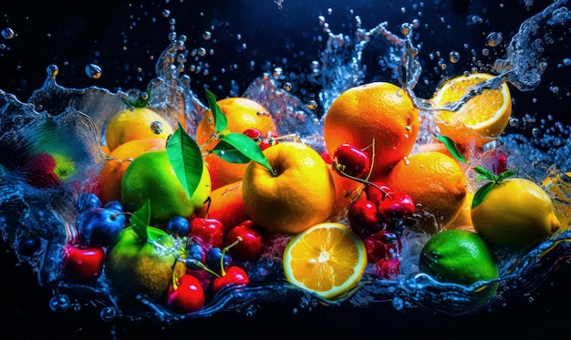 Citruses plums and cherries in the fresh water splashes Freshness and healthy lifestyle concept Generative AI