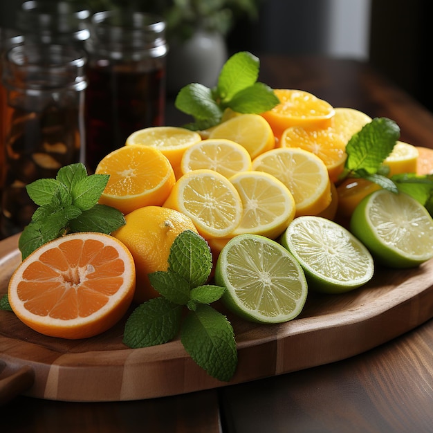 Foto citrusvruchten op een houten plank met blad