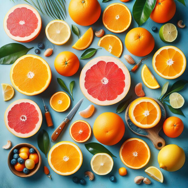 citrusvruchten sinaasappels grapefruit op een blauwe achtergrond