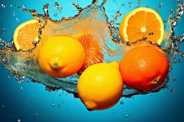 citrusvruchten spetteren uit het water achtergrondkleur oranje en geel