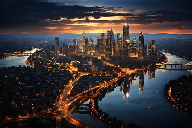 Город светит небоскребы и улицы освещают городскую ночную жизнь