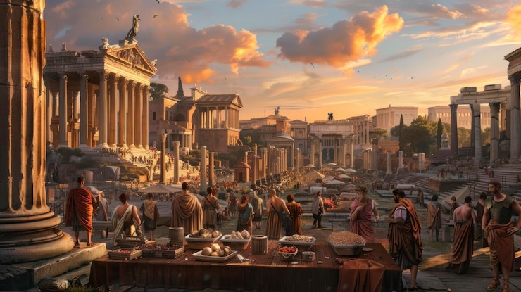 Photo city of ancient rome with people and market and coliseums on a sunset in high resolution