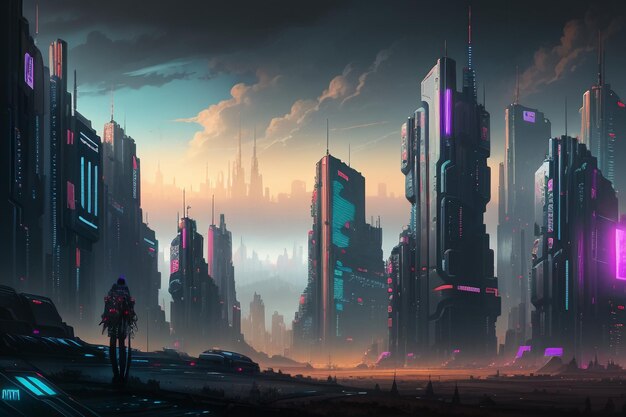 City architecture in cyberpunk style design of future technology concept development country