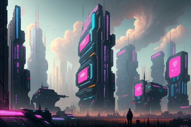 City architecture in cyberpunk style design of future technology concept development country