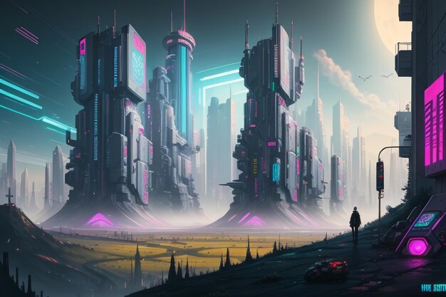 City architecture in cyberpunk style design of future technology concept development country