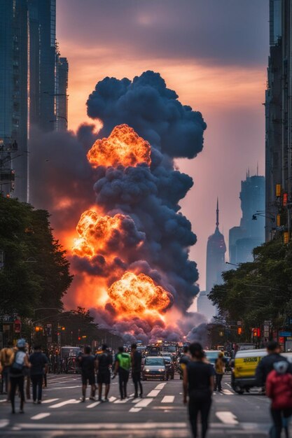Город под атакой взрыв пожар люди бегут в пробке апокалиптическая иллюстрация