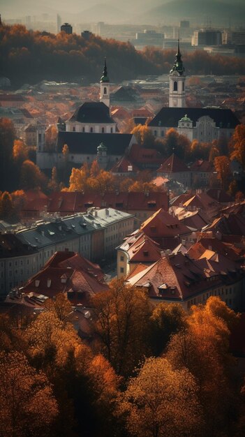 Photo a city in autumn with a church in the background