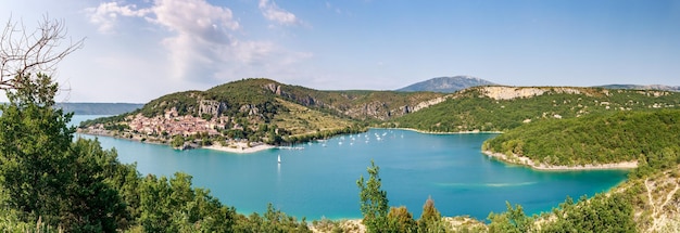 The city on the bank of the artificial lake in france provence\
lake saint cross gorge verdone azure