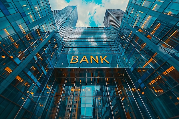 Photo city bank building against blue sky generative ai