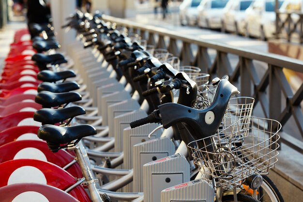 City bicycles parked in row