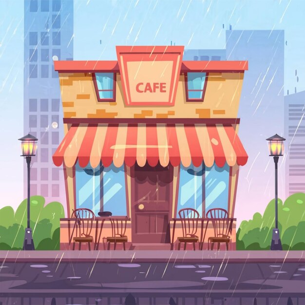 Photo city bistro facade during a summer shower in a cartoonstyle vector illustration depicting rainy co