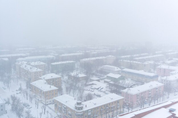 City blocks during a snowfall birds eye view