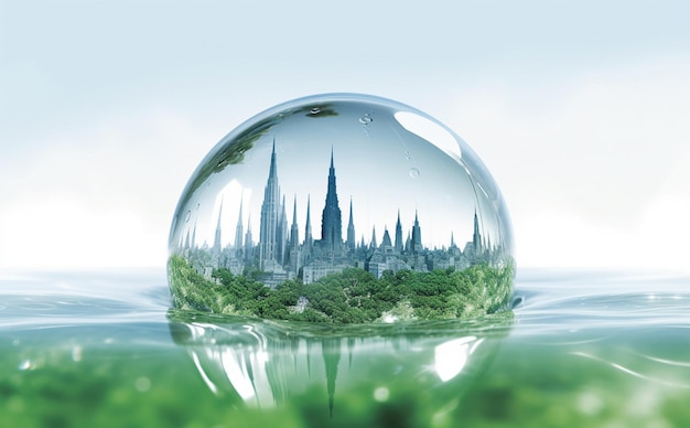 a city in a bubble with a city in the background.