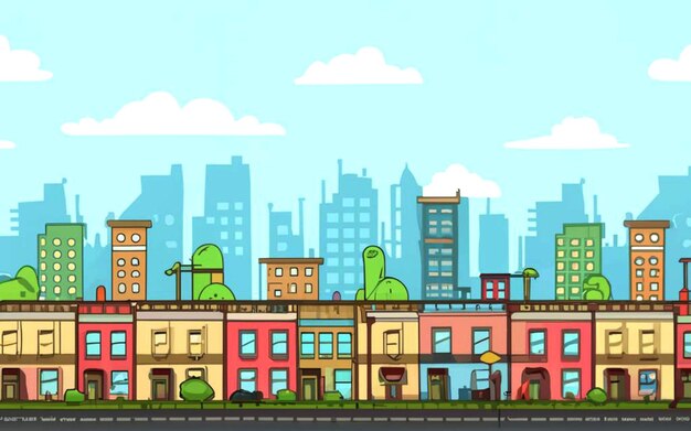 Photo city buildings background cartoon style