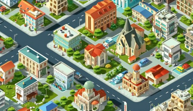 Photo city buildings isometric composition with streets and modern residential houses