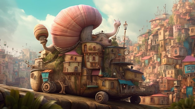 A city built on the back of a giant snail Fantasy concept Illustration painting Generative AI