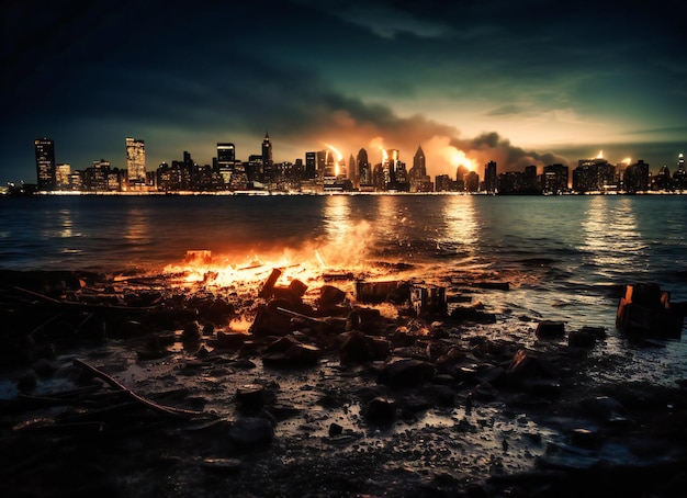 A city burning in front of an ocean