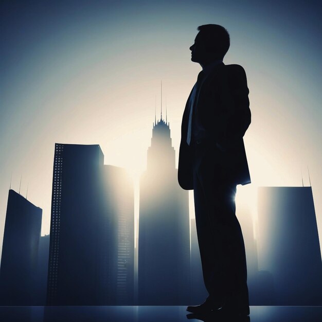 City businessman standing on skyscraper back lit silhouette
