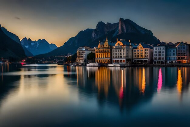 a city by the lake at sunset