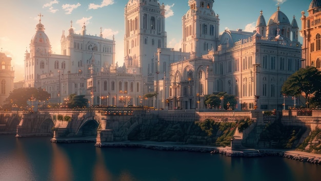 A city by the river in the evening