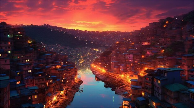 A city by the river with a sunset in the background