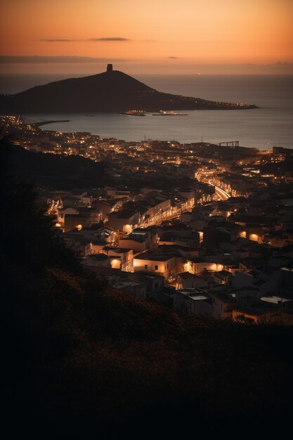 Photo a city by the sea at night