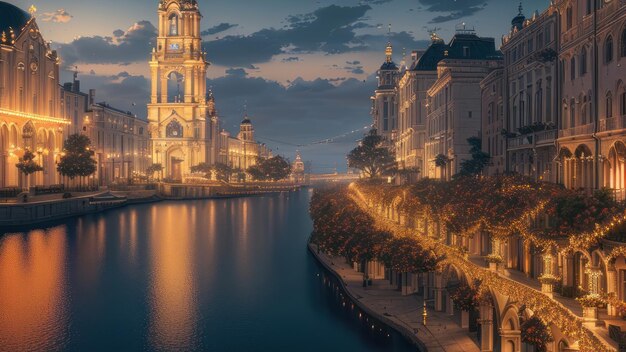 A city by the water at night