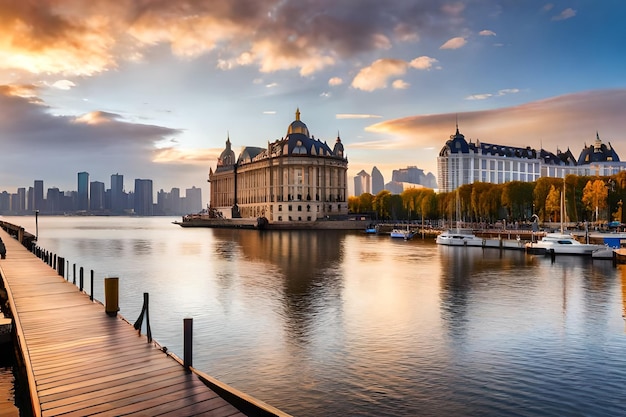 a city by the water with a beautiful sunset