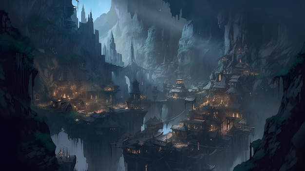 A city in a cave with a castle in the middle