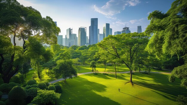 Foto il centro della città con uno skyline di metropoli con edifici alti e un parco pubblico