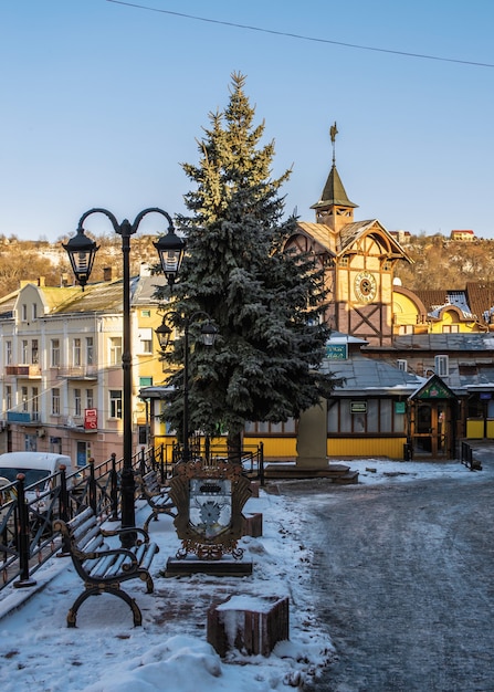 City centre and the old Town Hall in Chortkiv, Ukraine, on a sunny winter day