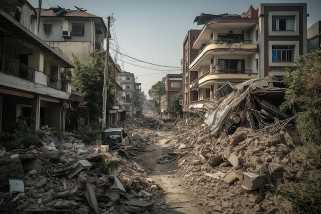 City in chaos after earthquake buildings cracked people terrified generative IA