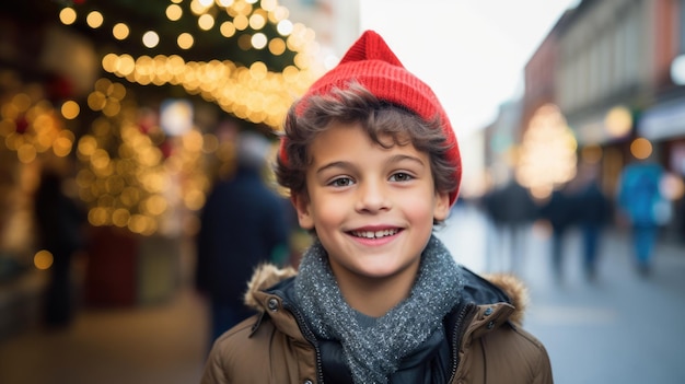 City cheerful smiling boy kid child outdoors with Christmas decorated street wearing red hat