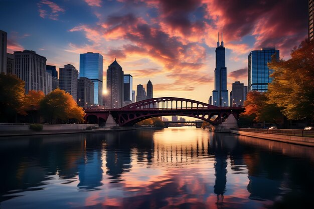 City of Chicago Image of Chicago downtown and Chicago River with bridges during sunset