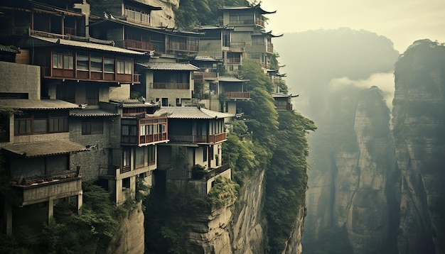 A city on a cliff with inclined houses where Chinese people live peacefully practices track photo