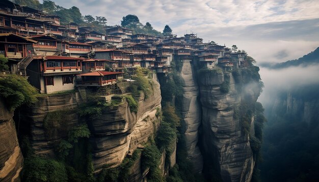 Foto una città su una scogliera con case inclinate dove i cinesi vivono pacificamente praticando foto di pista