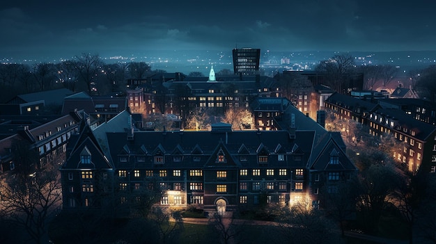 City Clock Tower Illuminated University Campus Night View