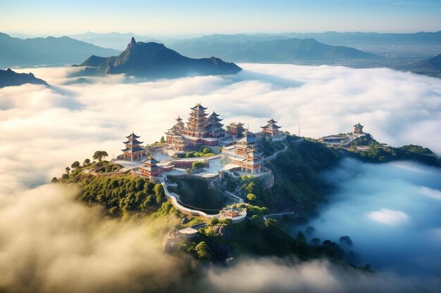 a city in the clouds above a mountain