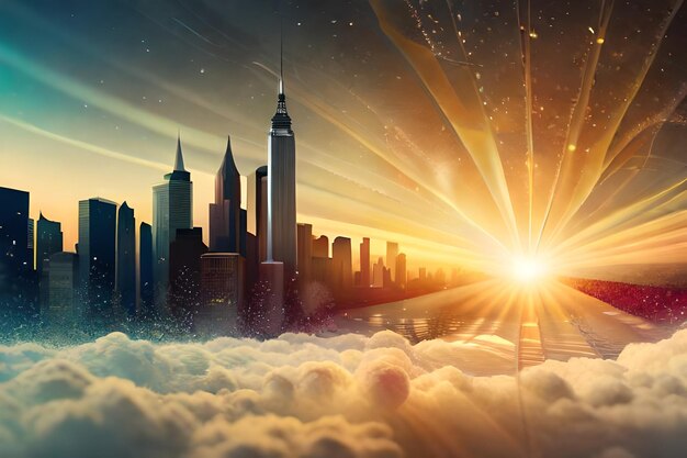 a city in the clouds with the sun behind it