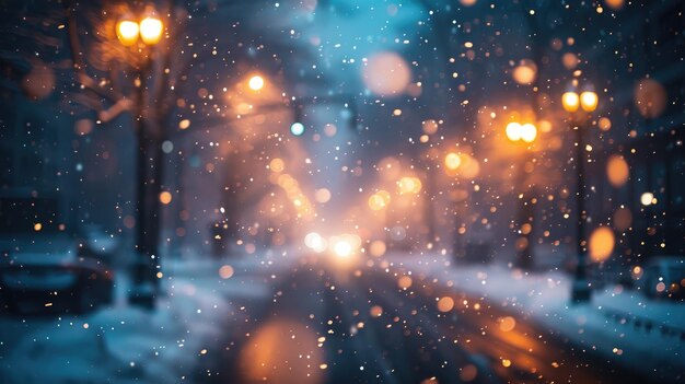 In the city coated in snow the street lights are on Generative Ai