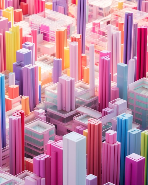 A city of colorful buildings made of glass and metal