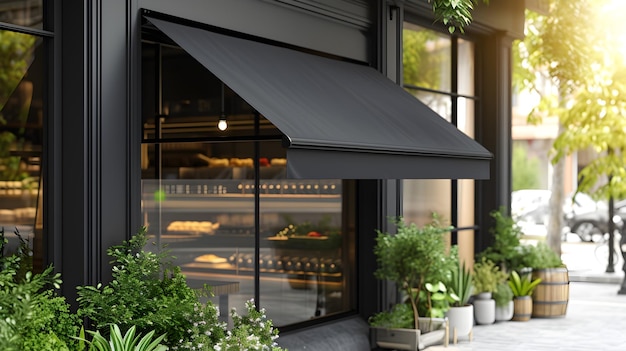 Photo city commerce black awning blank showcase in summer generative ai