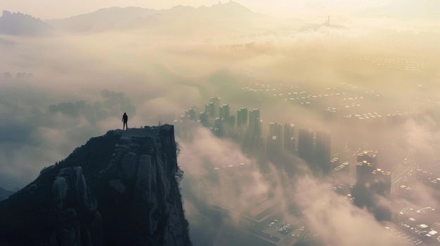 A city covered in smog with a single person standing on a mountaintop looking down