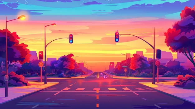 A city crossroad at sunset with traffic lights zebras street signs lamps bright evening lights buildings trees architecture road and buildings