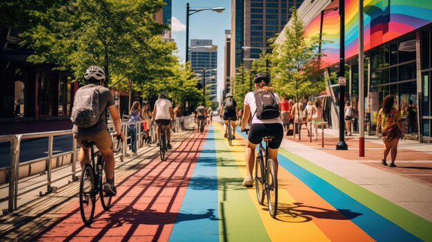 Foto i ciclisti della città in movimento nella vivace pista ciclabile