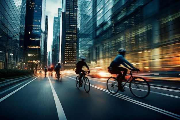 City cyclists speed past skyscrapers enjoying exercise