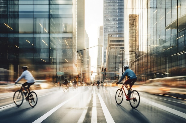 Foto i ciclisti della città passano velocemente davanti ai grattacieli godendosi l'esercizio fisico