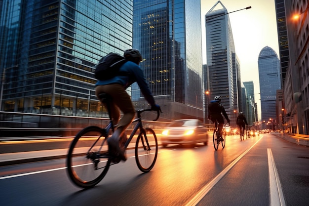 City cyclists speed past skyscrapers enjoying exercise